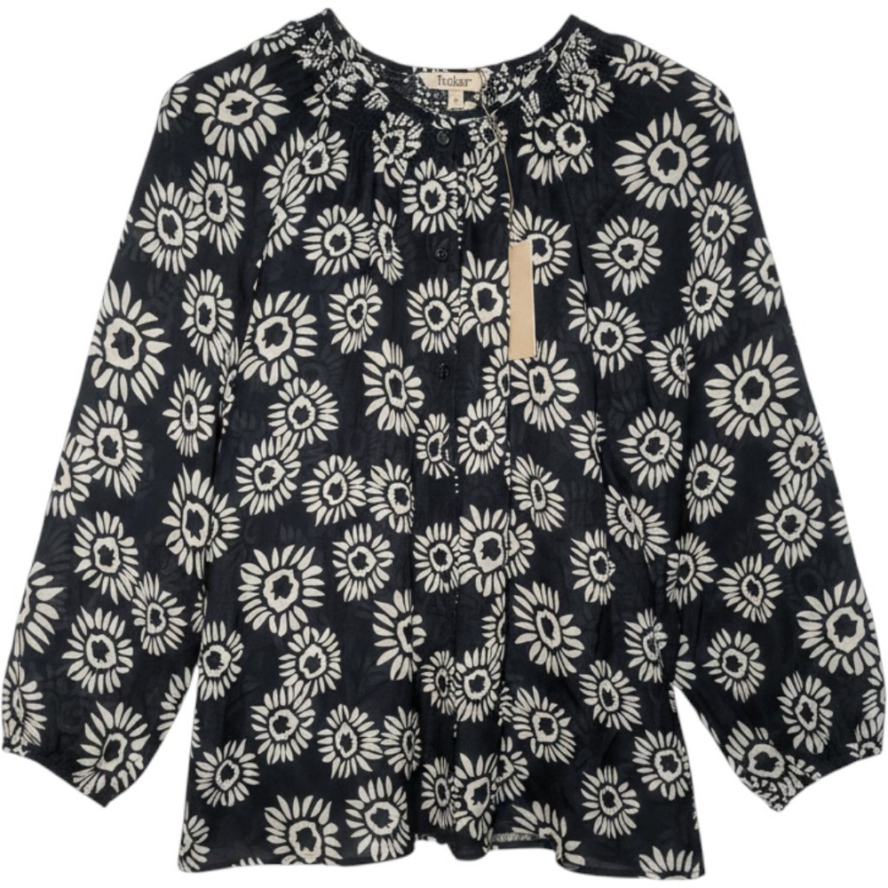 NWT Tucker Blouse Long Sleeve Top Blue White Floral Print Silk Blend Size S